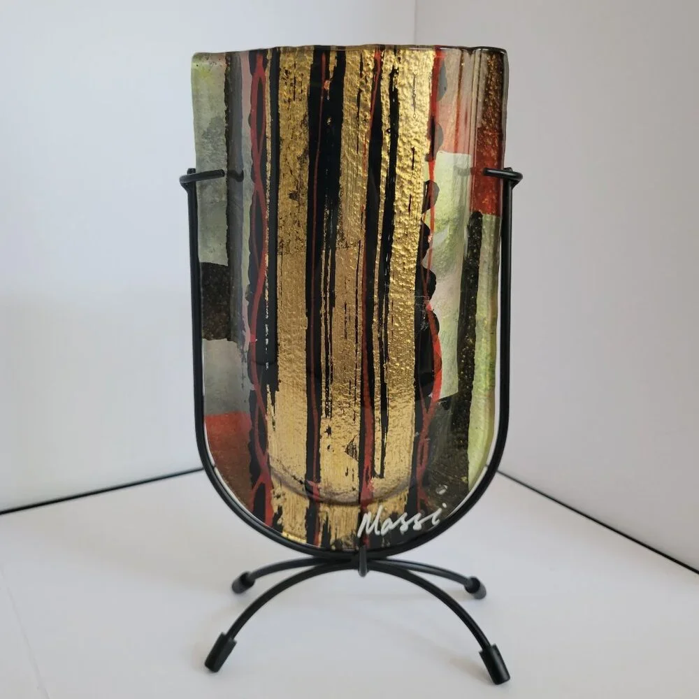 Massi Italian Vase U Shaped Art Glass with Metal Stand 9 1/4